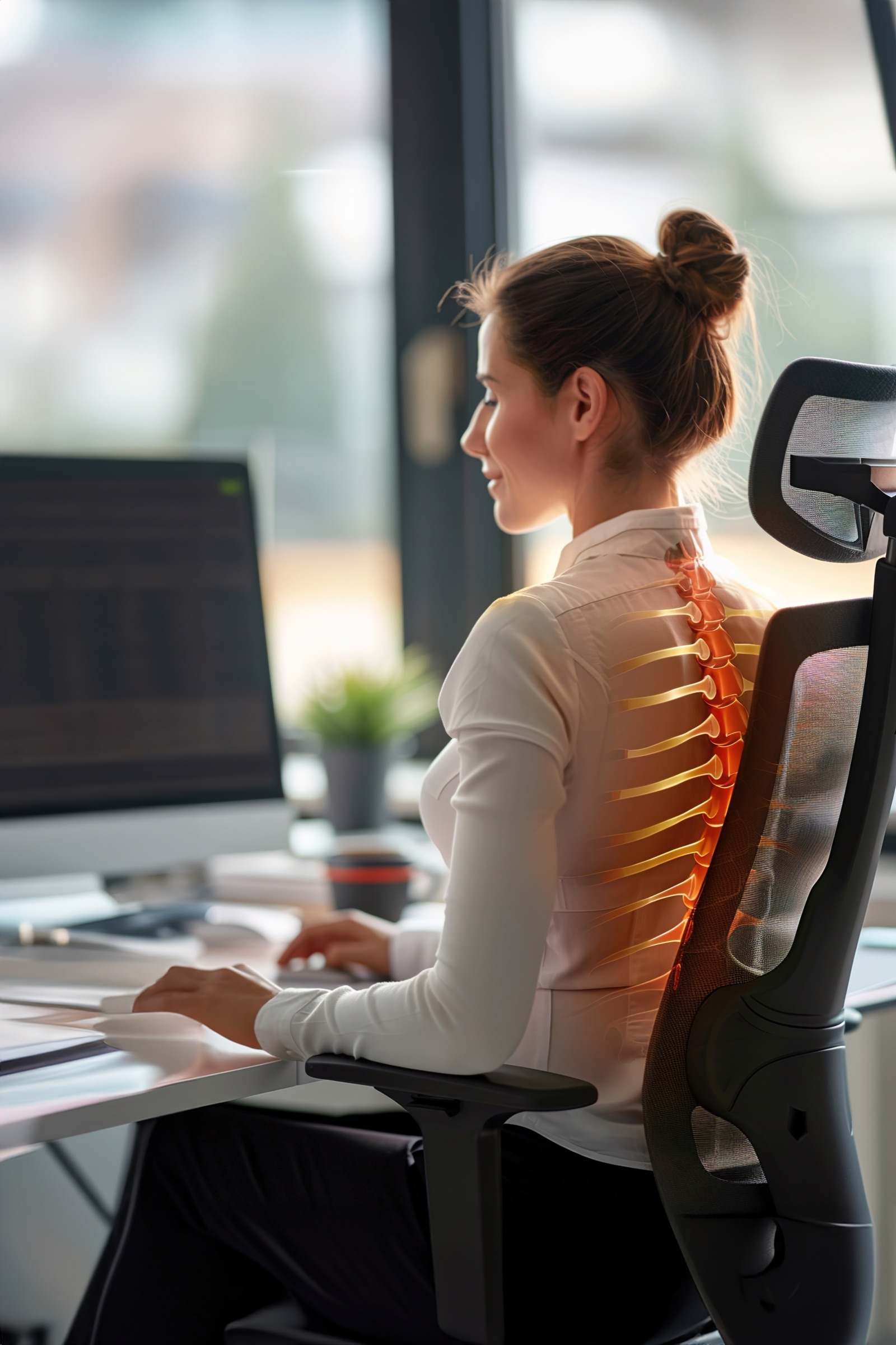 Osoba pracująca przy ergonomicznym krześle biurowym